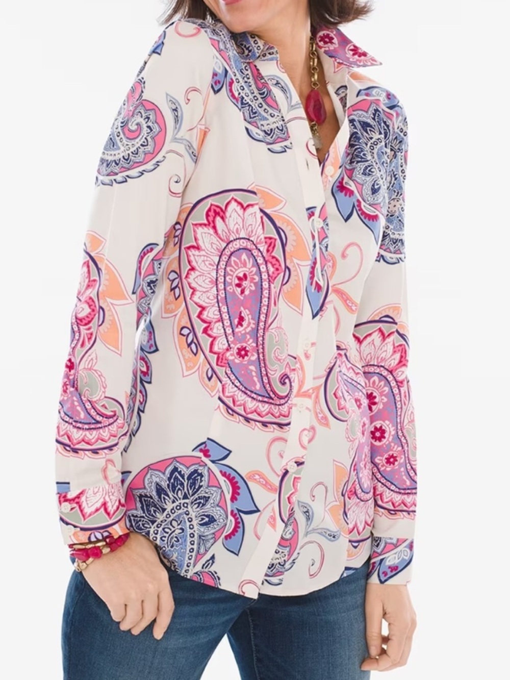 Chico's Paisley Button Down Shirt No Iron Cotton Sateen Western Sz 3 16/18